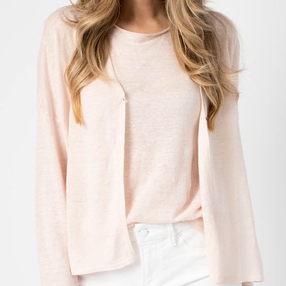 HEMISPHERE Linen V-Neck Cardigan in Powder Pink - Picture 3 of 4